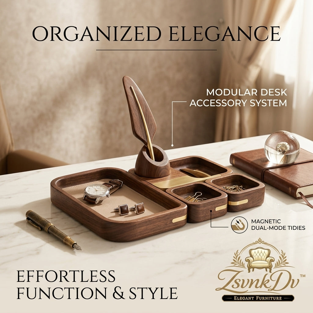 ZsvnkDv™ Modular Walnut Desk Organizer Set – Premium Magnetic Catch-All Tray, Executive Pen Holder & Modern Desktop Accessory System for Home & Office