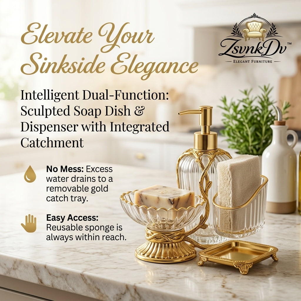 ZsvnkDv™ Luxury 3-in-1 Soap Dispenser and Soap Dish Set with Integrated Sponge Holder & Removable Gold Draining Tray – Elegant Glass & Gold Baroque Countertop Organizer Caddy for Kitchen & Bathroom Vanity