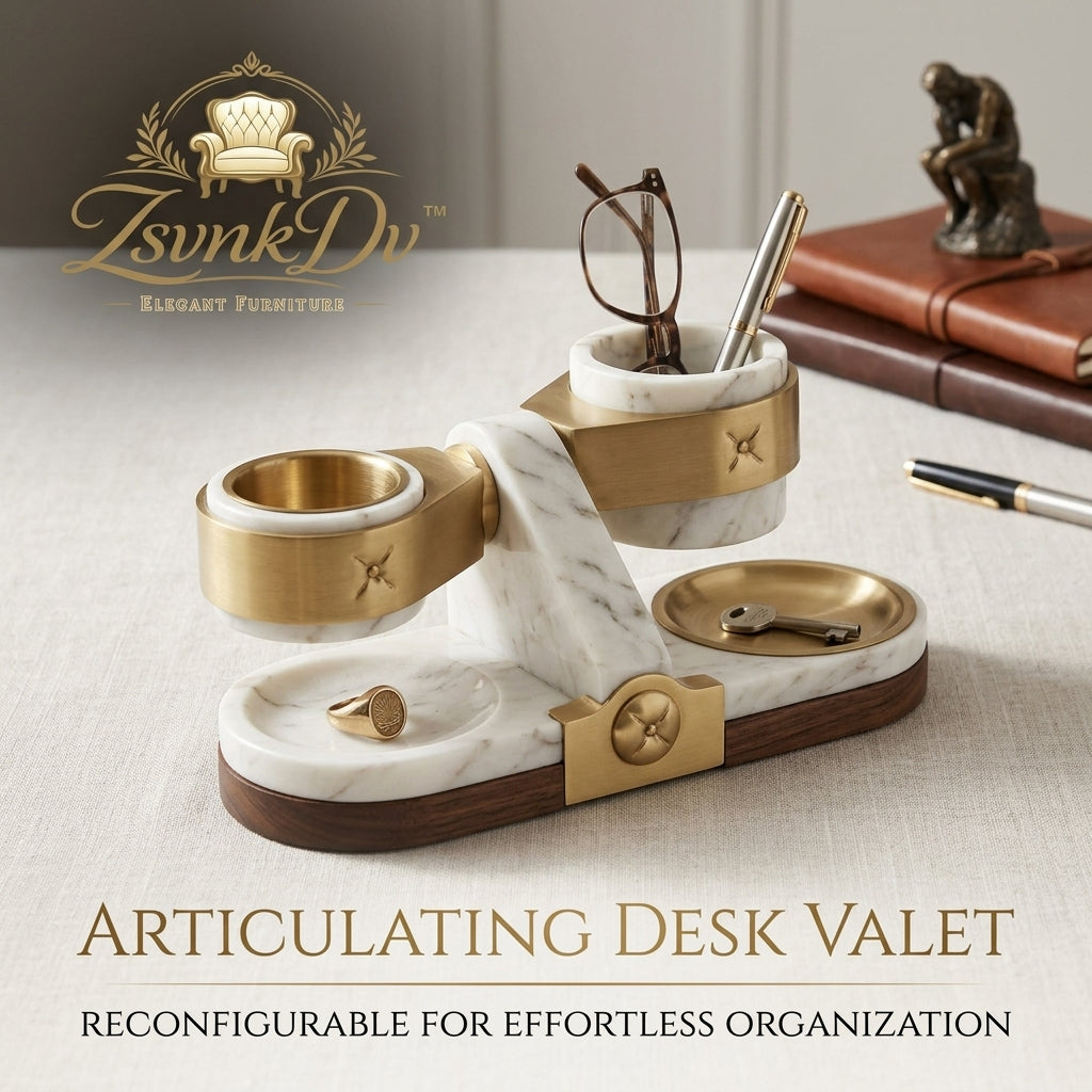 ZsvnkDv™ Articulating Marble Desk Organizer | Luxury Brass & Walnut Wood Valet Tray | Reconfigurable Modern Catchall for Eyeglasses, Pens, Keys, and Jewelry | Premium Executive Desk Accessories & Study Decor