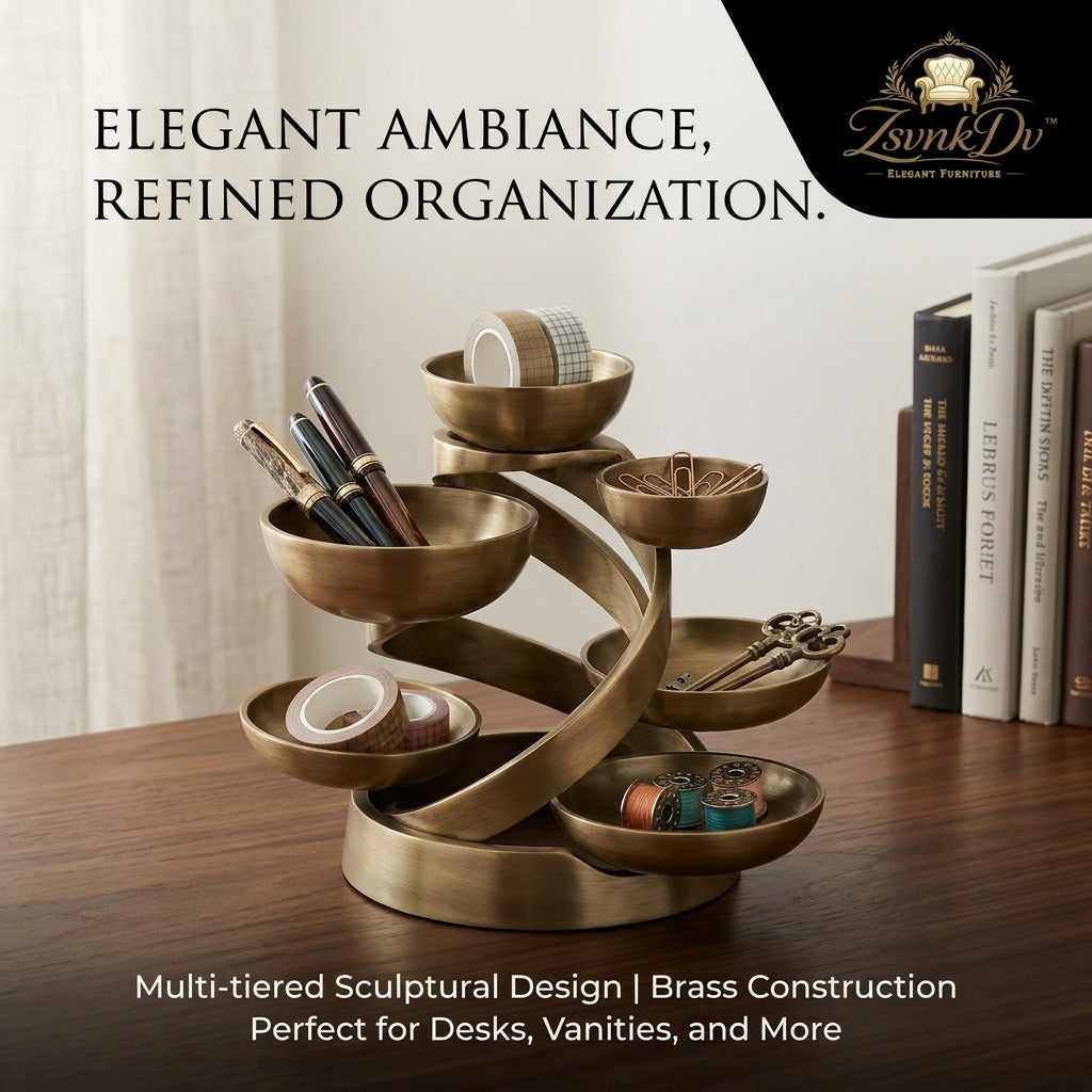 ZsvnkDv™ Multi-Tiered Sculptural Brass Desk Organizer - Decorative 6-Tray Spiral Vanity Organizer, Antique Metal Jewelry Display Stand, Elegant Office Desktop Storage, Key & Accessory Holder