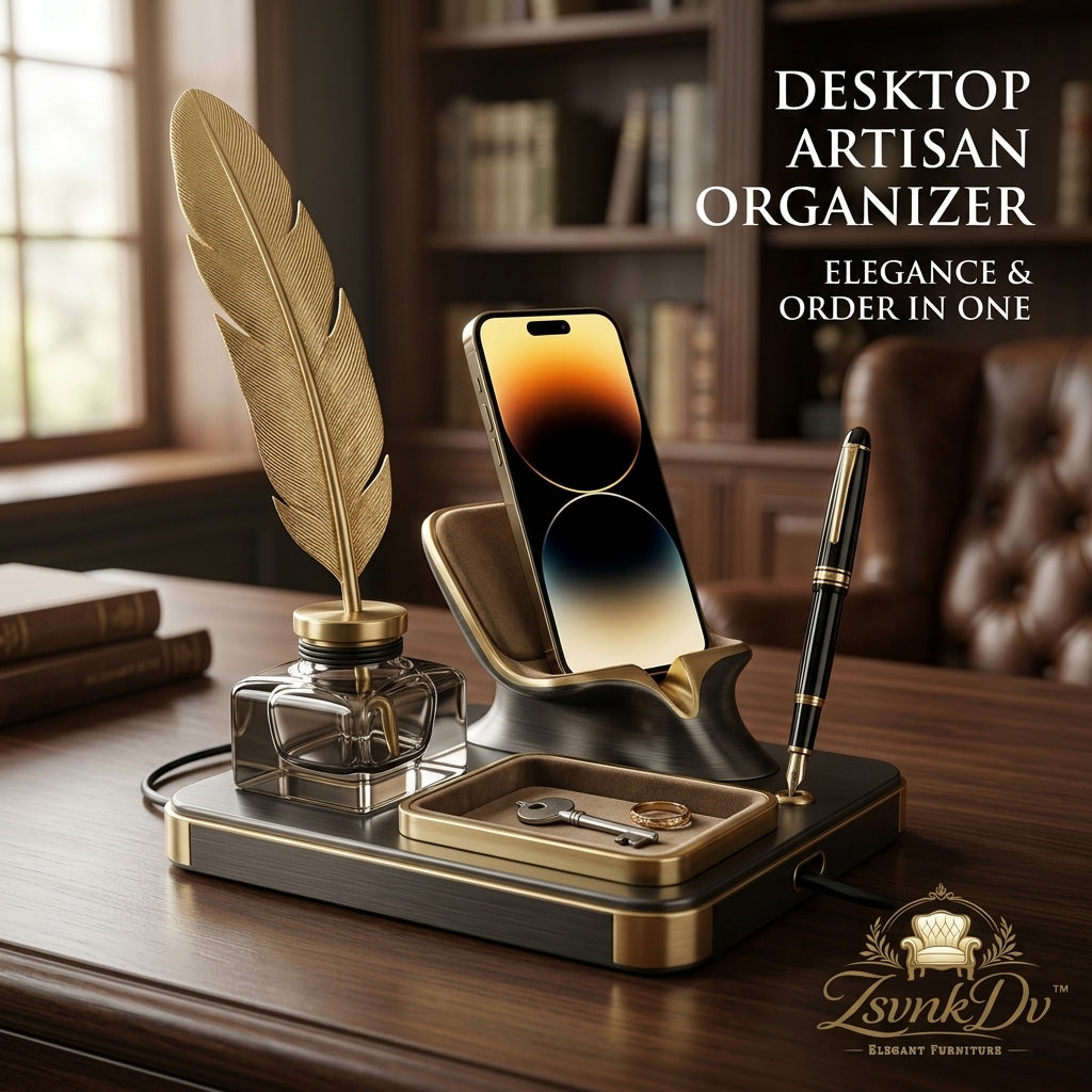 ZsvnkDv™ Executive Desktop Artisan Organizer – Wireless Charging Dock, Phone Stand & Valet Tray with Elegant Quill & Inkwell Decor – All-in-One Luxury Workspace Clutter-Free Station for Professionals & Home Office
