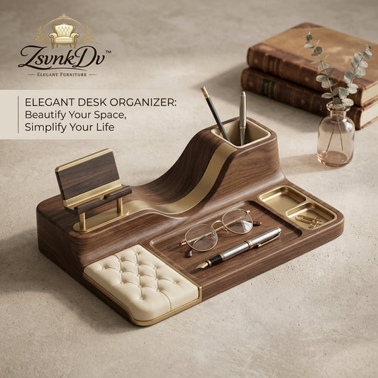 ZsvnkDv™ Luxury Walnut Wood Desk Organizer - Premium Executive Valet Tray with Phone Stand, Brass Pen Holder, Tufted Leather Watch Pad & Catchall Tray for Home Office Decor, Men's Gift