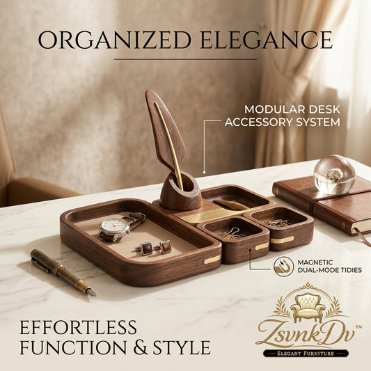 ZsvnkDv™ Modular Walnut Desk Organizer Set – Premium Magnetic Catch-All Tray, Executive Pen Holder & Modern Desktop Accessory System for Home & Office