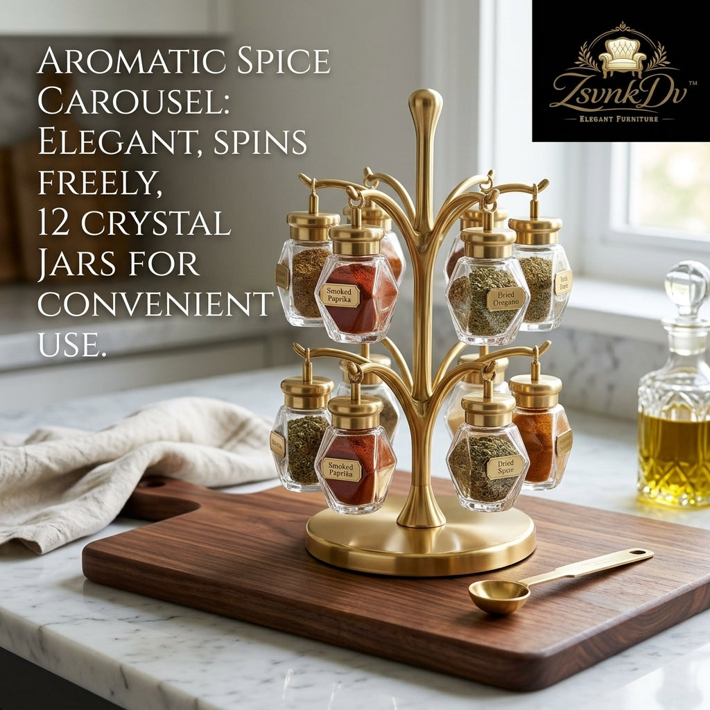 ZsvnkDv™ 12-Jar Rotating Spice Rack Carousel - Elegant Gold Tree-Shaped Spice Organizer with Hanging Crystal Glass Jars & Matching Measuring Spoon | Luxury Kitchen Countertop Storage & Modern Home Decor