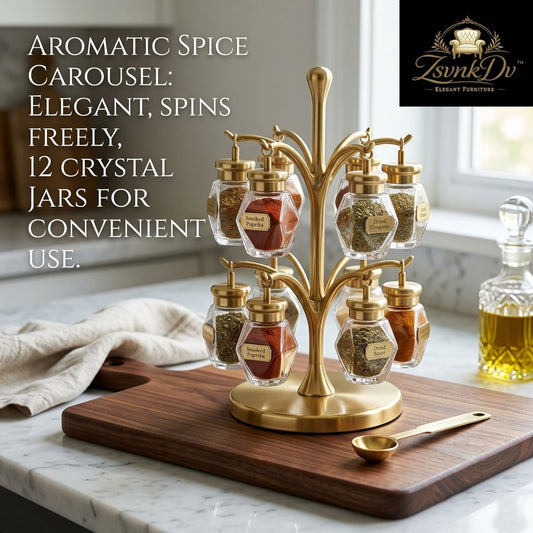ZsvnkDv™ 12-Jar Rotating Spice Rack Carousel - Elegant Gold Tree-Shaped Spice Organizer with Hanging Crystal Glass Jars & Matching Measuring Spoon | Luxury Kitchen Countertop Storage & Modern Home Decor