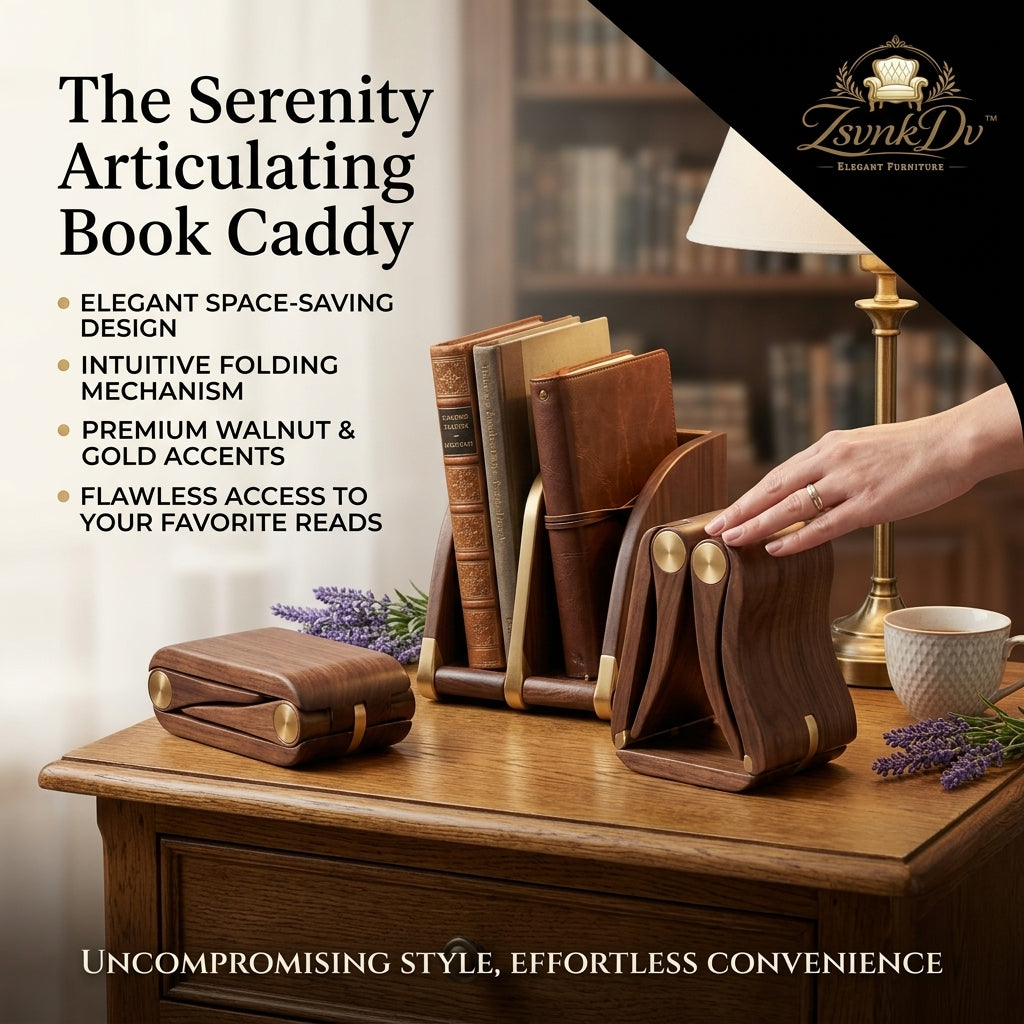 ZsvnkDv™ Serenity Articulating Book Caddy - Premium Walnut Wood Folding Bookends with Gold Accent Hinges, Adjustable Desktop Book Rack & Organizer for Home Office, Luxury Library & Study Decor, Unique Gift for Book Lovers