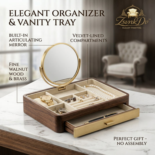 ZsvnkDv™ Walnut Wood & Brass Jewelry Organizer with Articulating Mirror – Luxury Vanity Tray with Velvet-Lined Drawer – Premium Desktop Storage Case – The Perfect Ready-to-Gift Piece